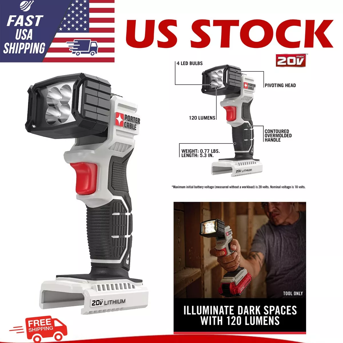 PORTER CABLE 20v 20Volt Lithium LED Flashlight Work Light