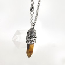 Brown Tiger Eye Gemstone , Japanese Wave Pattern carving, 24" Steal Chain