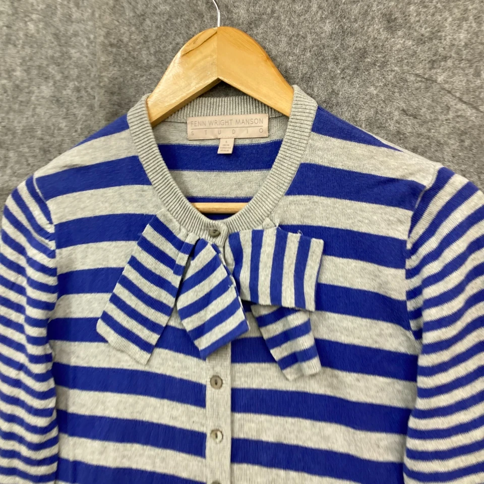 Cárdigan para mujer Fenn Wright Manson talla 14 Reino Unido se adapta pequeño azul gris a rayas 38818 Foto 3 de 4