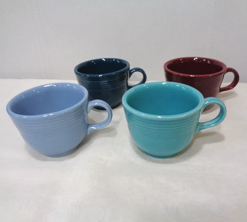 Lot Of Four Post '86 Fiesta Teacups Cinnabar Evergreen Turquoise Periwinkle NOS