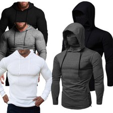 Mens Long Sleeve Turtleneck Hooded Gym Workout Pullover Sports Sweatshirt Top