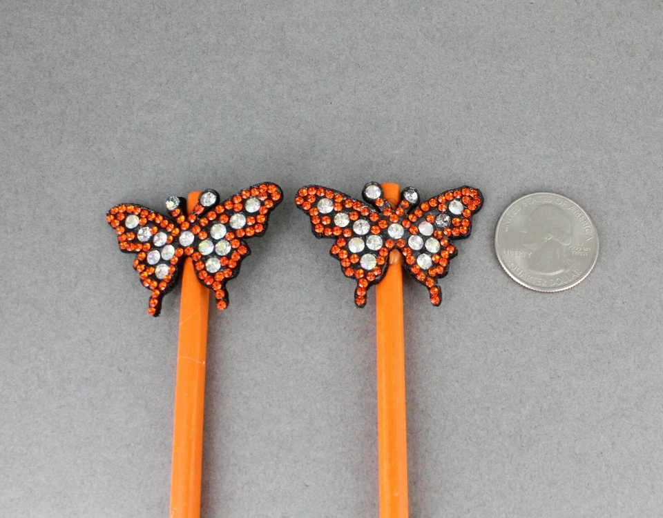 Naranja Juego de 2 Palitos de Picar Pelo Mariposa Madera Picos Alfileres Impresión 7 1/8" Largo Foto 2 de 4