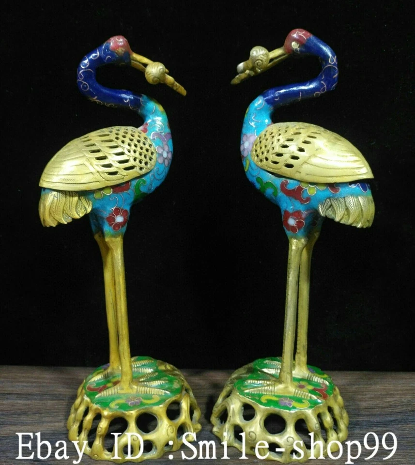 Par de incensarios quemadores de incienso Ruyi pájaro grulla dorada esmalte cloisonne chino de 10,6" Foto 2 de 4