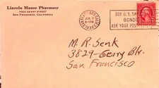 Lincoln Manor Pharmacy San Francisco California Envelope 1936