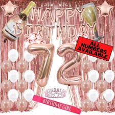 72nd Birthday Rose Gold Decorations - 40" Number Balloons, Foil Curtains  More