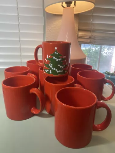 Lot Of 9 Waechtersbach Germany Cups-Eight Red Mugs One Christmas Tree