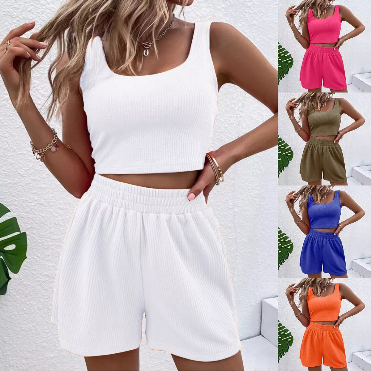 Women Crochet Knitted Two Piece Outfits Sleeveless Summer Tank Tops,  Elastic Waist Shorts : : Clothing, Shoes & Accessories