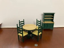 Dollhouse Miniatures Vintage Farmhouse Table and Chairs Oak and Green 6pc Set