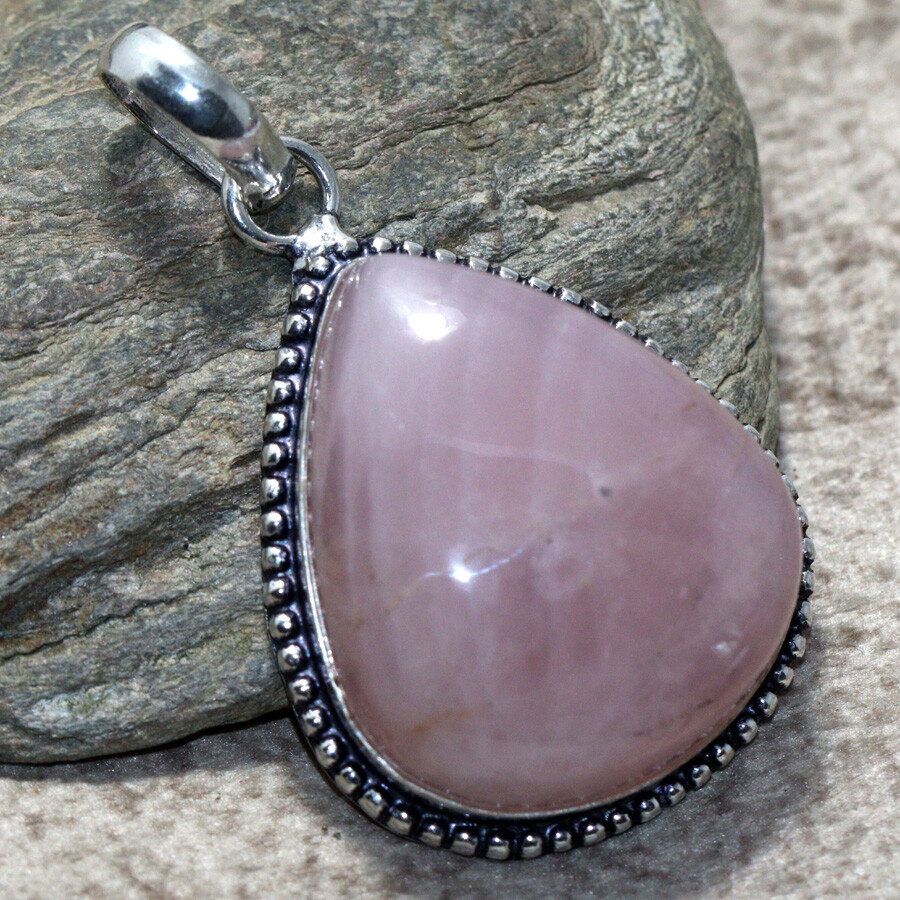 925 Silver-Plated Rose Quartz Ethnic Pendant Handmade Jewelry Size 1.7 Inch JW