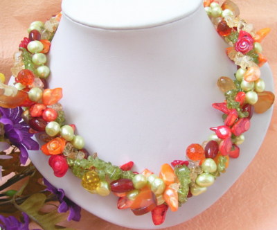 19'' 4 Strands Pearl Peridot Agate Coral Necklace