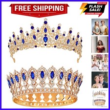 2 PCS King and Queen Crowns Set Blue Tiaras Crown for Men Women Prom Royal Cr...
