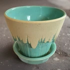 Vintage McCoy Pottery Turquoise Blue Icicle Drip Planter 115 Attached Saucer 4”