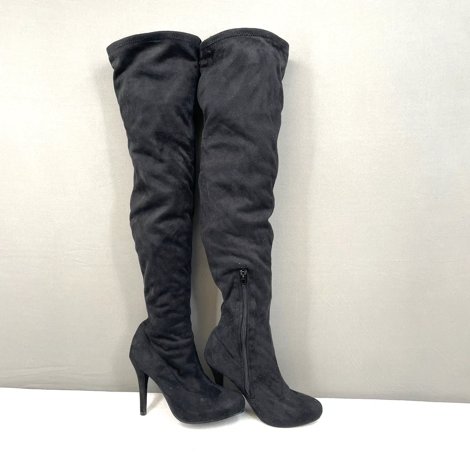 Botas hasta el muslo negras talla 7,5 elásticas imitación gamuza plataforma 5" tacones parachoques Foto 2 de 4