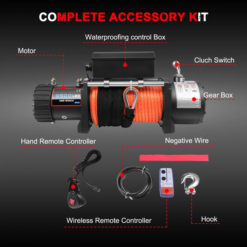 12V 9500LBS Electric Winch Tow Trailer Synthetic Rope Off Road for JEEP Wrangler Foto 4 de 4