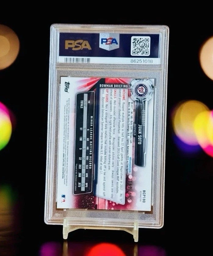 Tarjeta Juan Soto RC Refractor 2017/499 PSA 8 1st Bowman cromada no automática BCP180 Foto 2 de 2