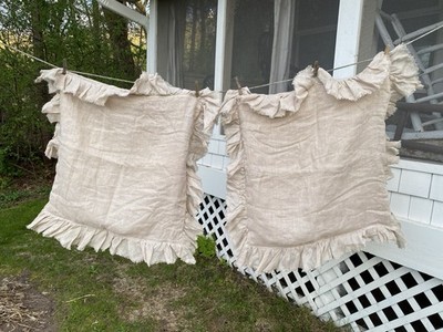 Pair Wamsutta Vintage Linen Ruffled Pillow Sham Beige Euro Cottage Farmhouse