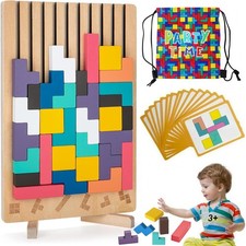 Wooden Russian Block Puzzle, Colored 3D Blocks Stacking Puzzle Board Montesso...