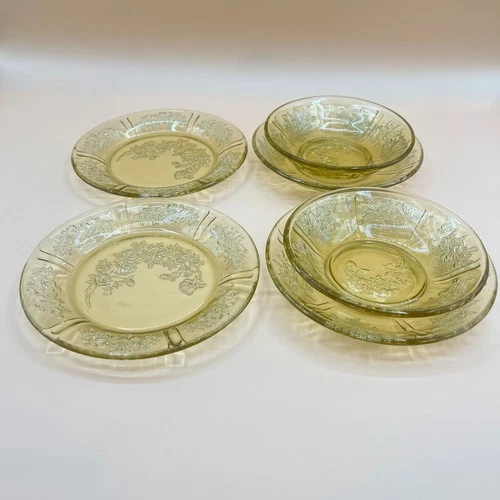 Vtg Federal Glass Sharon Cabbage Rose Yellow Depression Glass Plates & Bowls