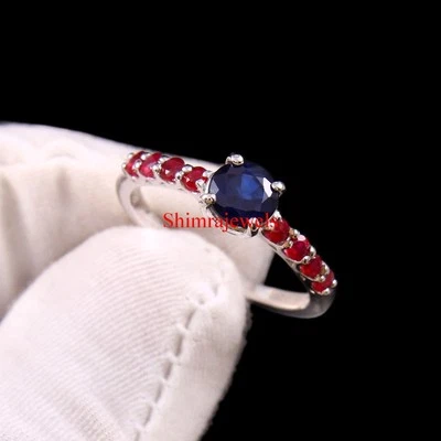 Kunstdiamanten Grown Saphir & Heizbar Rubin Mit Weiß Vergoldet Silber Damen Ring - Bild 1 von 4