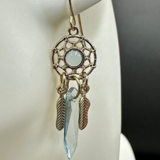 Gold-Tone Dreamcatcher Blue Crystal Boho Feather Dangle Earrings