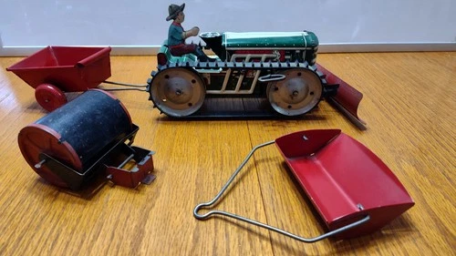 Marx Litho 1940's Power Snap Climbing Tractor With Plow And Accessories