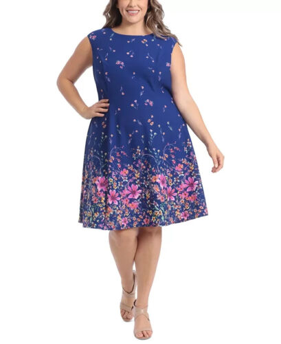 London Times Plus Size Printed Fit & Flare Dress Women's 24W Navy Multi Back Zip