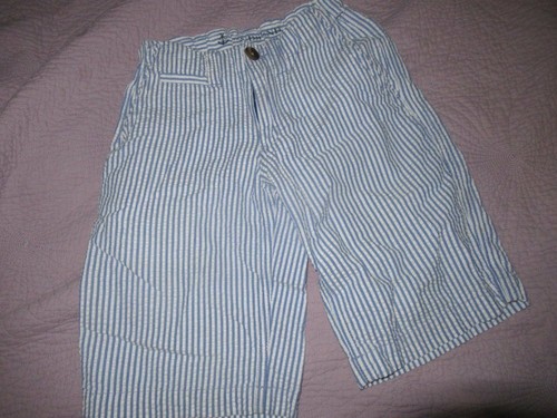 euc Lands' End blue stripe seersucker flat front shorts boys 8 free ship USA