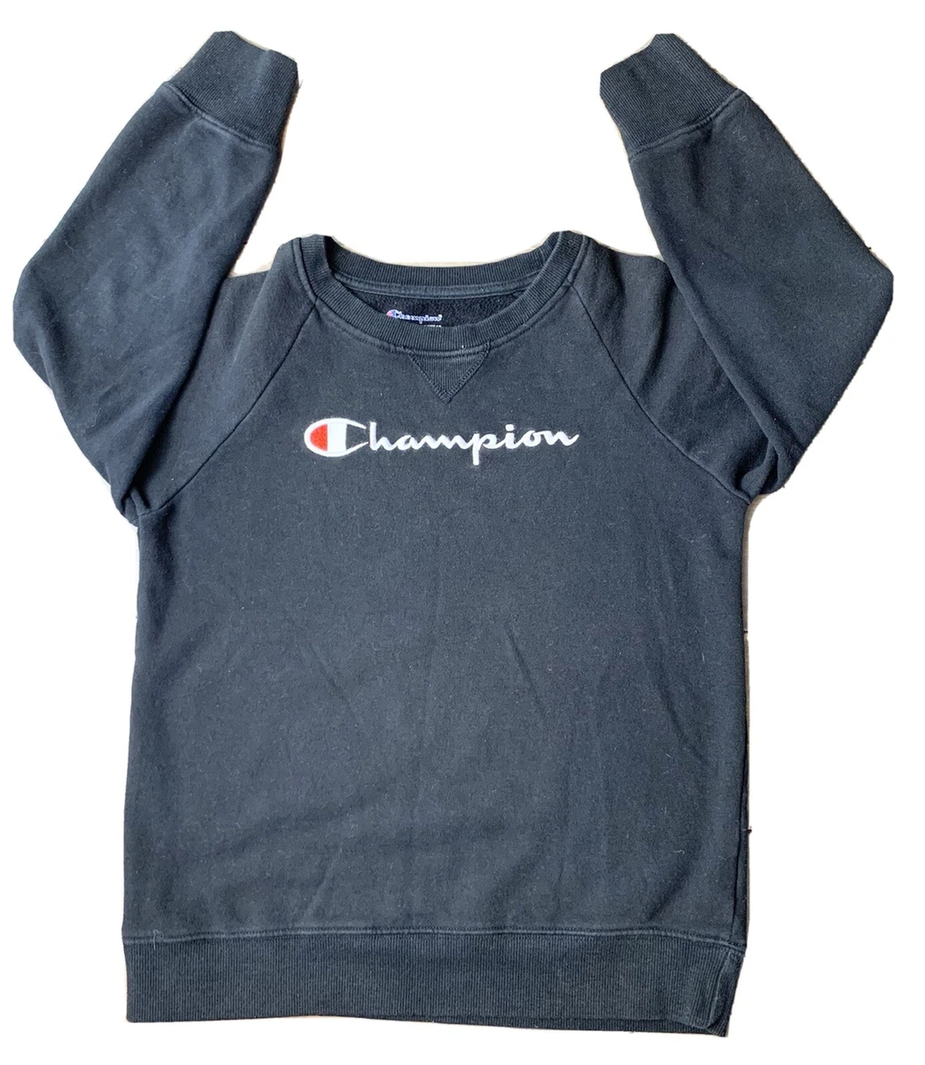 Champion Boy s Long Sleeve Crew Neck Pullover Black Sweatshirt Embroidered XL