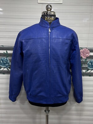Men's Blue Real Leather Croc Embossed Jacket Bomber Biker Luxury