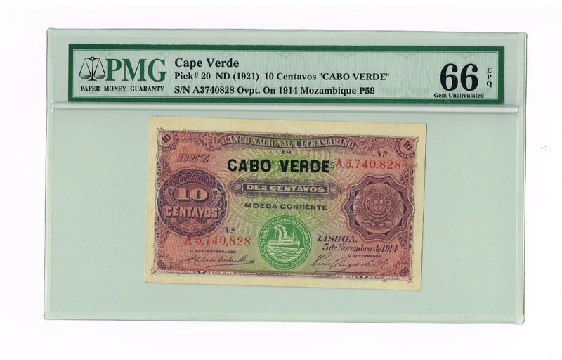 CAPE VERDE 10 Centavos ND (1921) Pick-20  GEM UNC    PMG  66 EPQ  HIGHEST GRADED