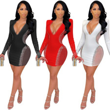New Women Deep V-neck Mesh See-through Rhinestone Patchwork Party/Cocktail Dress