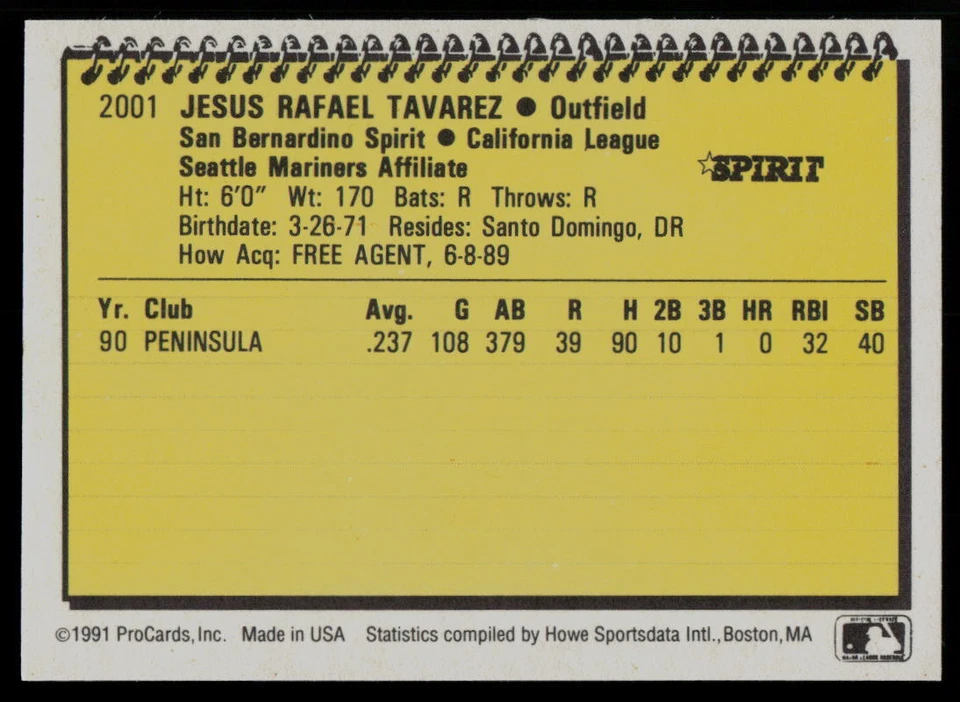 1991 ProCards Jesus Tavarez San Bernardino Spirit - Image 2 of 2