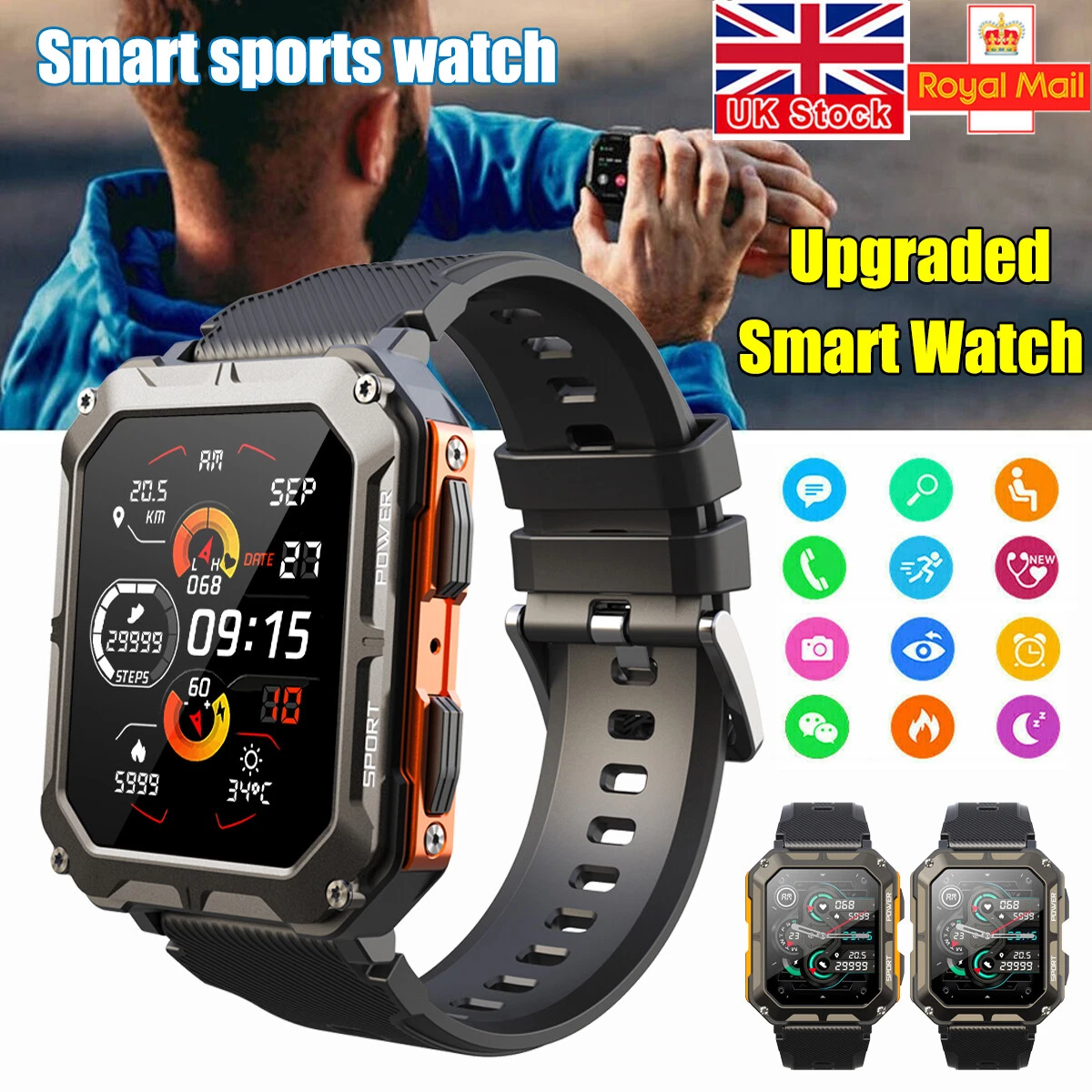 Military Smart Watch Waterproof Heart Rate Blood Oxygen Monitor Fitness Tracker