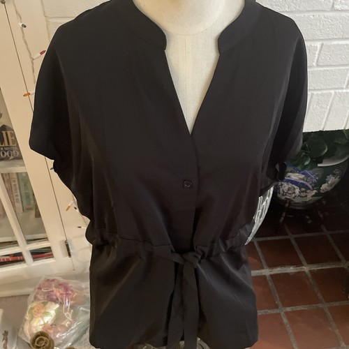 NWT CICIBIRD SZ LARGE BLACK Women V Neck Solid Color Pleated BLOUSE TIE WAIST - Picture 2 of 11