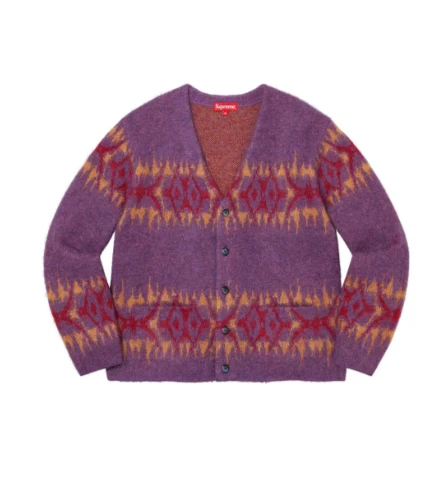 Cardigan à rayures abstraites Supreme prune XL violet rouge tribal mohair du sud ouest