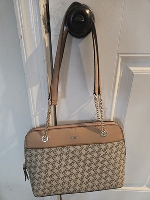 DKNY Bryant Shoulder Bag Logo Chain Zip Beige Brown Women NWT