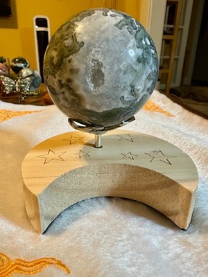 Druzy Moss agate crystal sphere with rotating wooden moon stand Free shipping