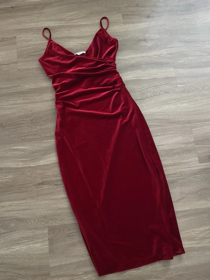 Zara Blogger Samt Kleid Velvet Rot Weinrot Bordeaux Stretch Maxikleid Elegant - Bild 2 von 4