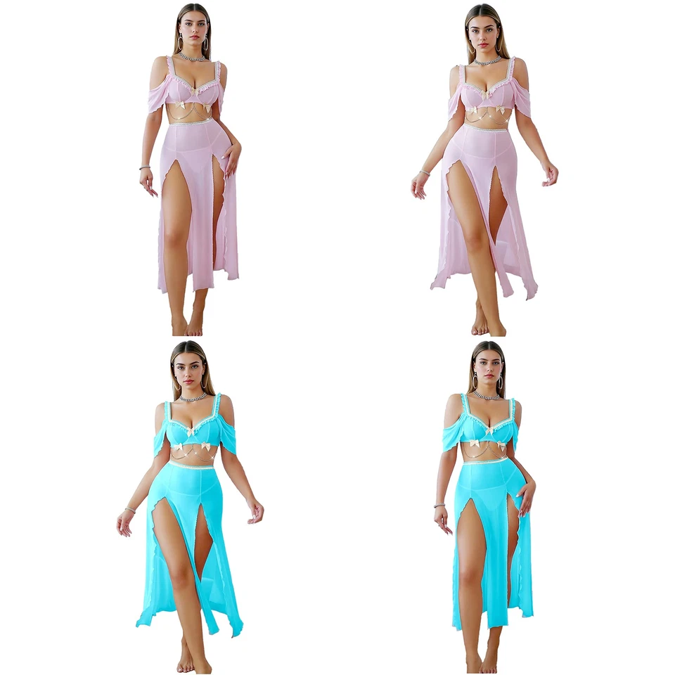 Womens 4 Pcs Belly Dance Set Crop Tops with High Slit Maxi Skirts + Thong+ Chain - Image 3 of 3