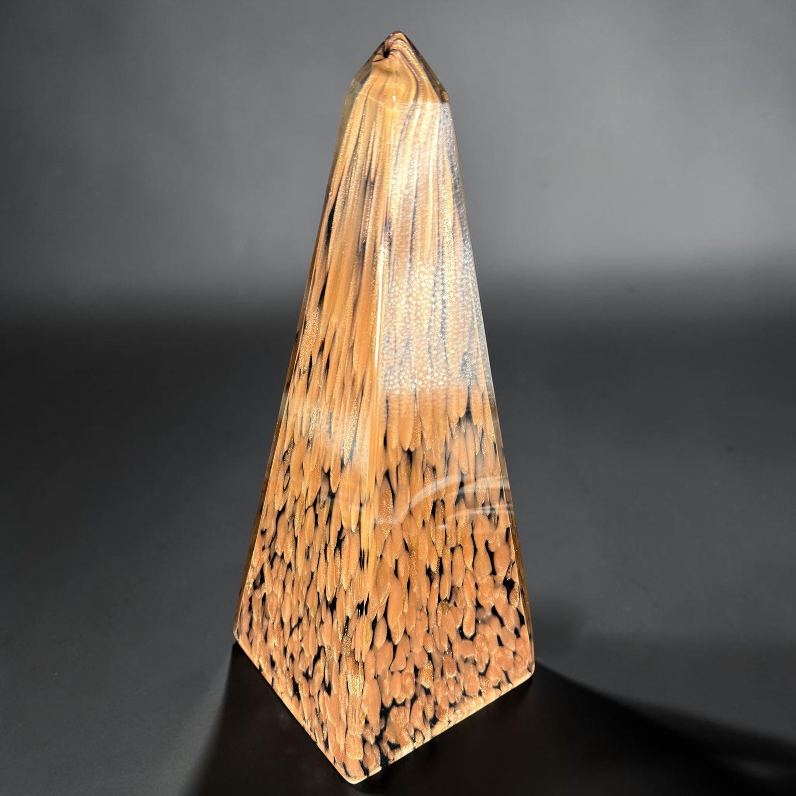 Art Glass Obelisk Paperweight Copper Glitter Black Swirl Heavy Pyramid 11.5 Inch