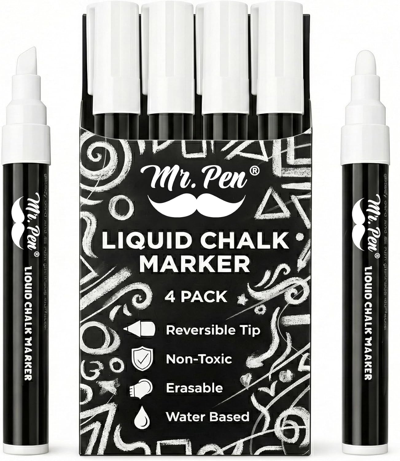 - White Chalk Markers for Blackboard, 4 Pack, Reversible Tip, White Liquid Chalk