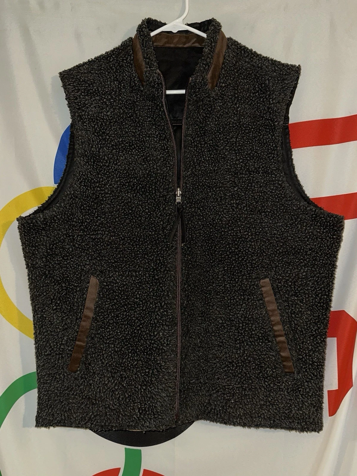Madison Creek Sherpa Lined Reversible Utility Vest Large Brown Gray Canvas