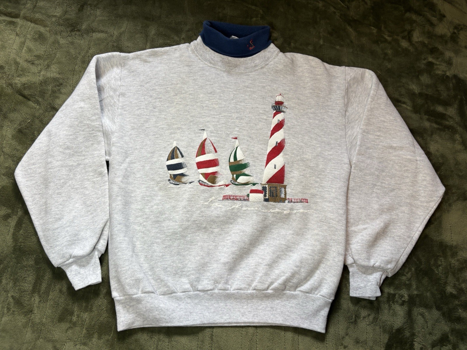 Gopher Sport Sweater Womens Medium Gray Mock Neck Sail Boat Lighthouse Vintage