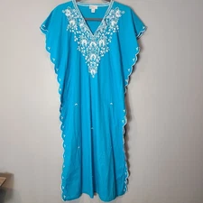 Vtg Kaftan Floral Embroidered Cottage Maxi Dress Sz Small Resort Cover Up Blue