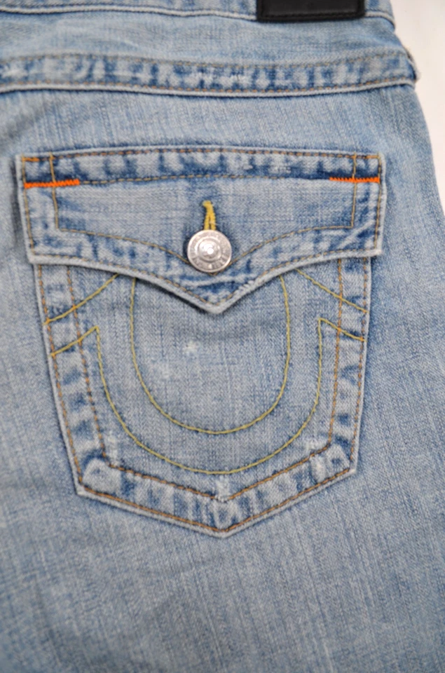 Pantalones Cortos Vaqueros True Religion Azul Para Mujer 30 Cintura 35" Botón Envejecido Mosca Foto 4 de 4