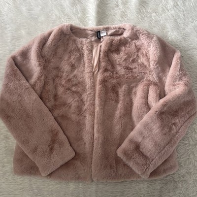 H & M Jacket Faux Fur Blush Pink Teddy Bear Coat Pockets M Cropped Quiet Luxury