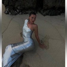 ATTEM Metta Conchetta Silver Metallic One Shoulder Long Maxi Dress size medium