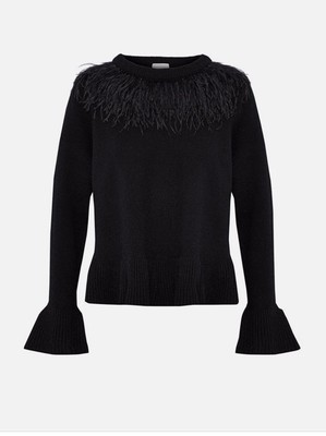 Cinq a Sept Pullover M Wool Blend Ostrich Feathers Trim oversize frills black