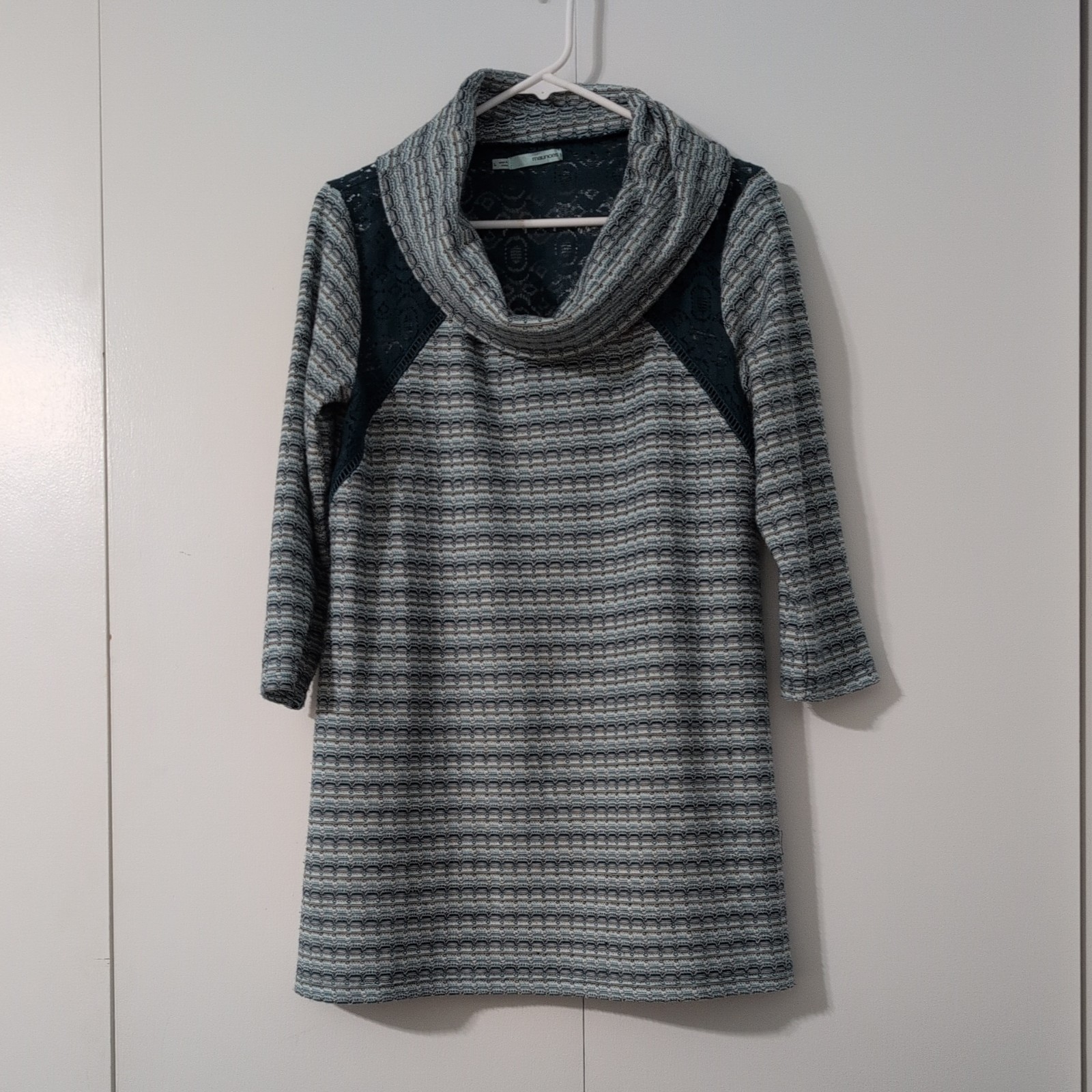 Maurices Womens L Teal Blue Cowl Neck Tunic Shirt Lace Shoulder 3/4 Sleeve