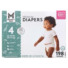 Member's Mark Premium Diapers, Hypoallergenic, Size 4 22-37lbs. , 198 Count.